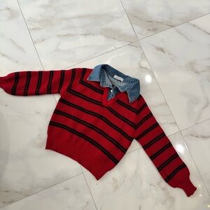 Red and Black Striped V-Neck Sweater
